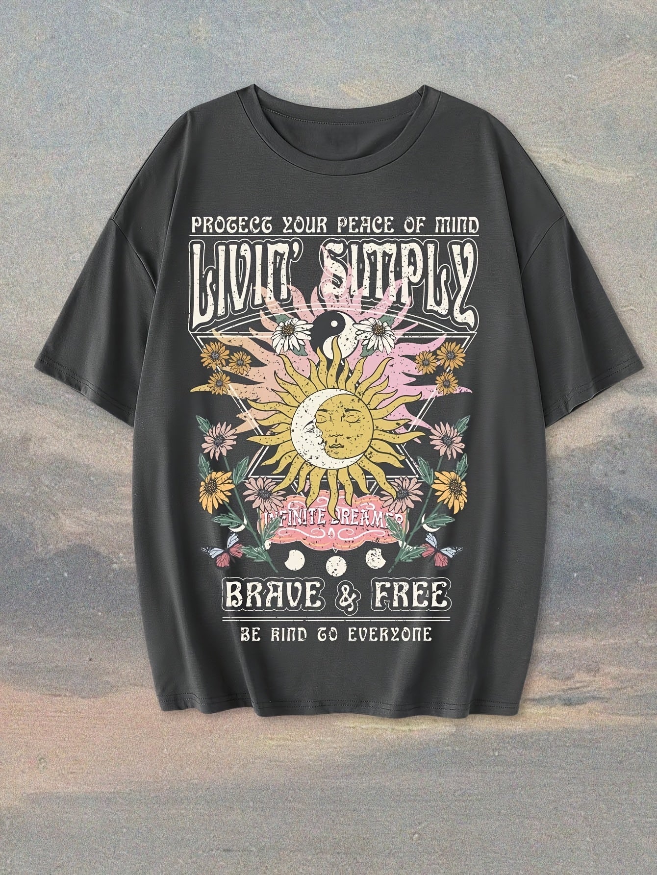 Dame Vintage Grafisk T-skjorte – Boho-stil, Modig & Fri, Kortermet, Sommer