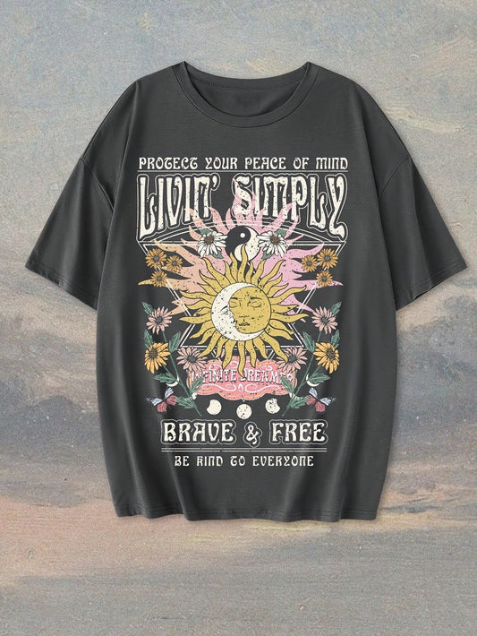 Dames Vintage Grafisch T-shirt – Boho Stijl, Moedig & Vrij, Korte Mouw, Zomer