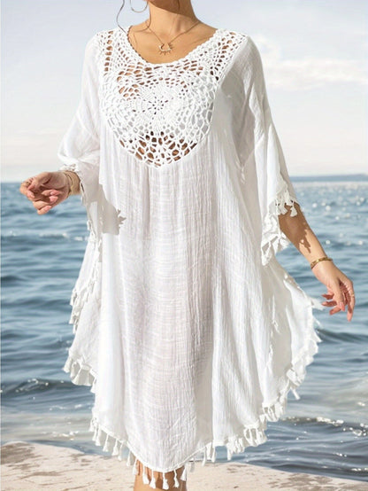 Dame strandkaftan poncho med hæklet detalje og frynser – Perfekt strandmode og sommer cover-up