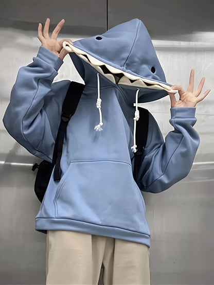 Blauer Hoodie mit Haifisch-Design, Kapuzenpullover mit Reißzahn-Kapuze, lockere Passform