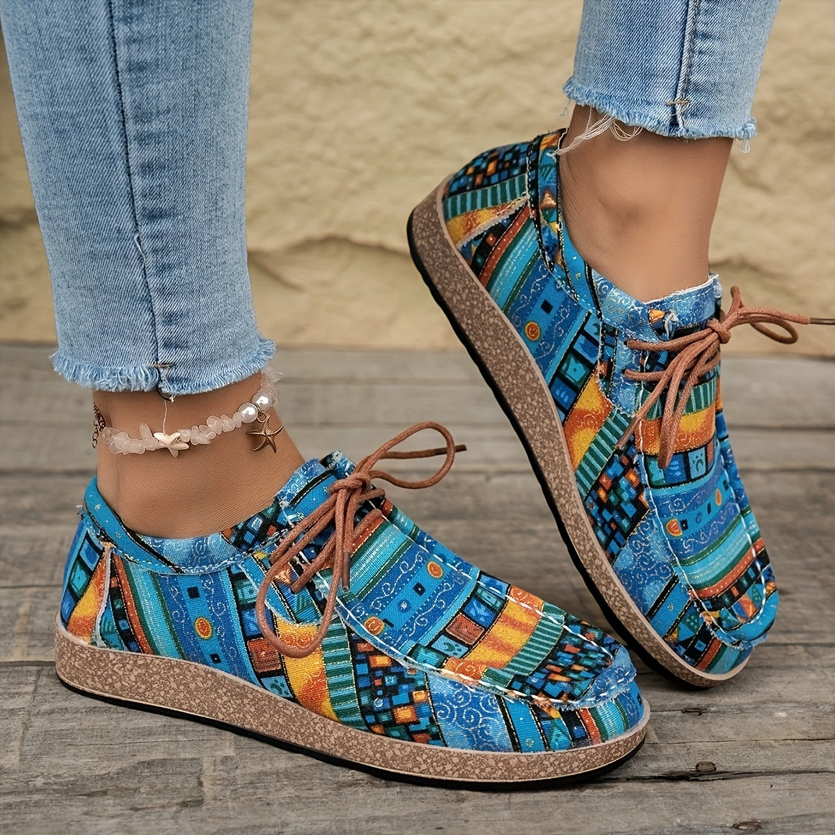 Damen Vintage Freizeitschuhe mit Boho-Muster und Schnürung – Bequeme Alltags-Slipper im Ethno-Stil