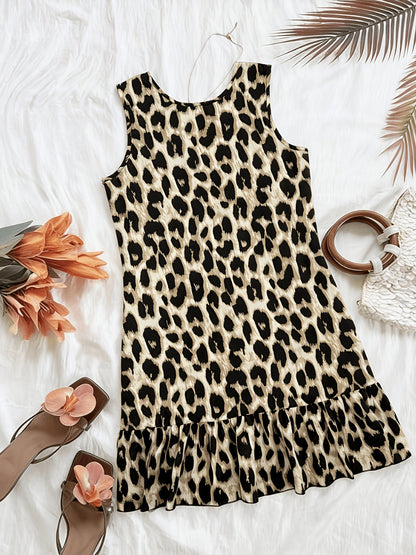 Vestido de verano para mujer con estampado de leopardo – Vestido casual sin mangas con volante y corte en A
