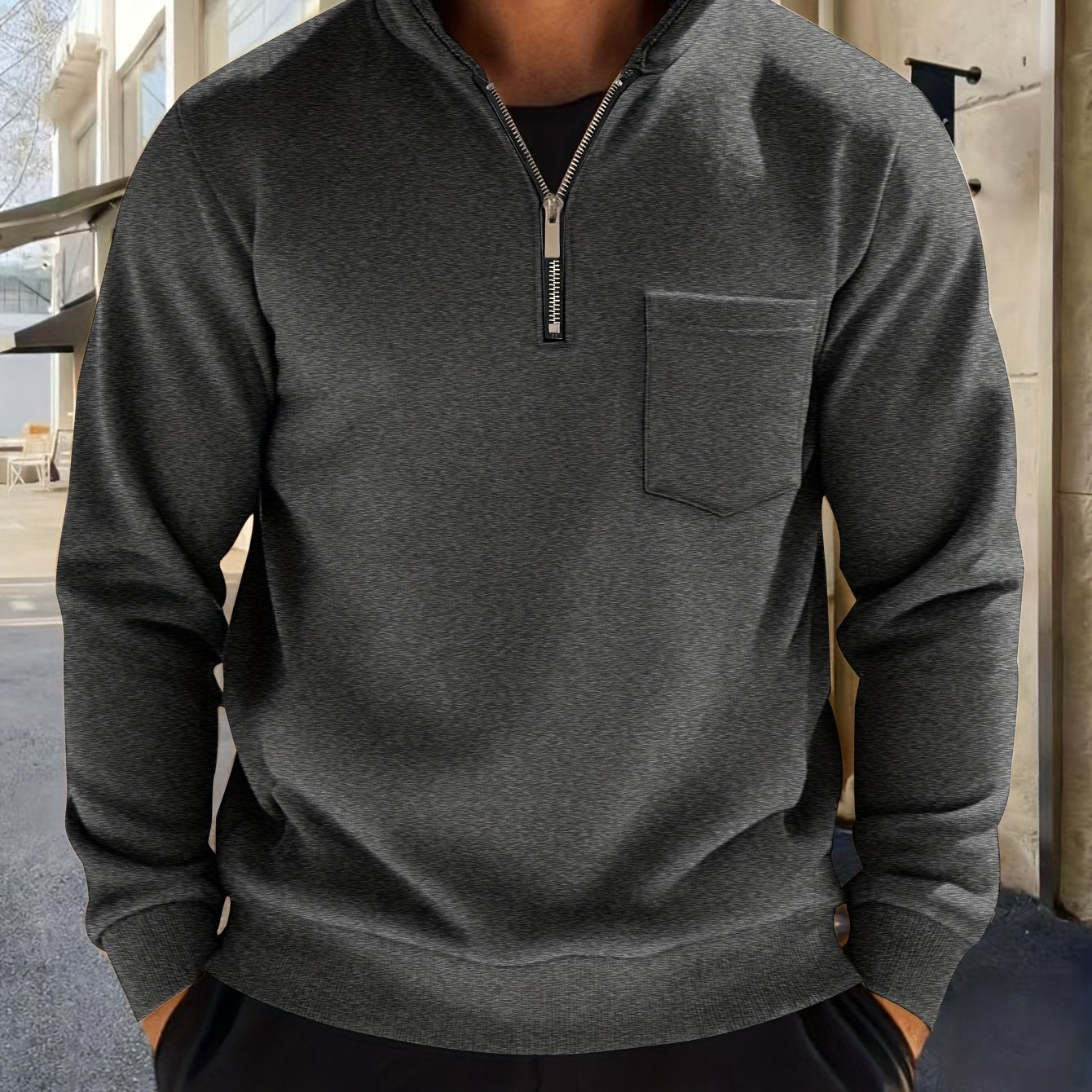 Heren-sweatshirt met halve ritssluiting, opstaande kraag en borstzak, donkergrijs