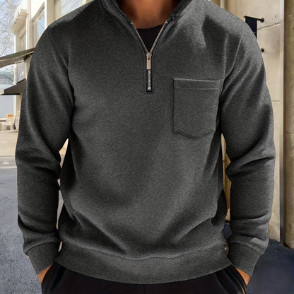 Heren-sweatshirt met halve ritssluiting, opstaande kraag en borstzak, donkergrijs