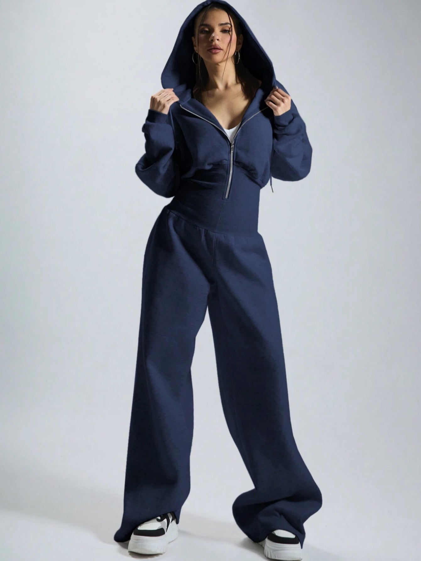 Damesjumpsuit met capuchon, wijde pijpen, rits, beige