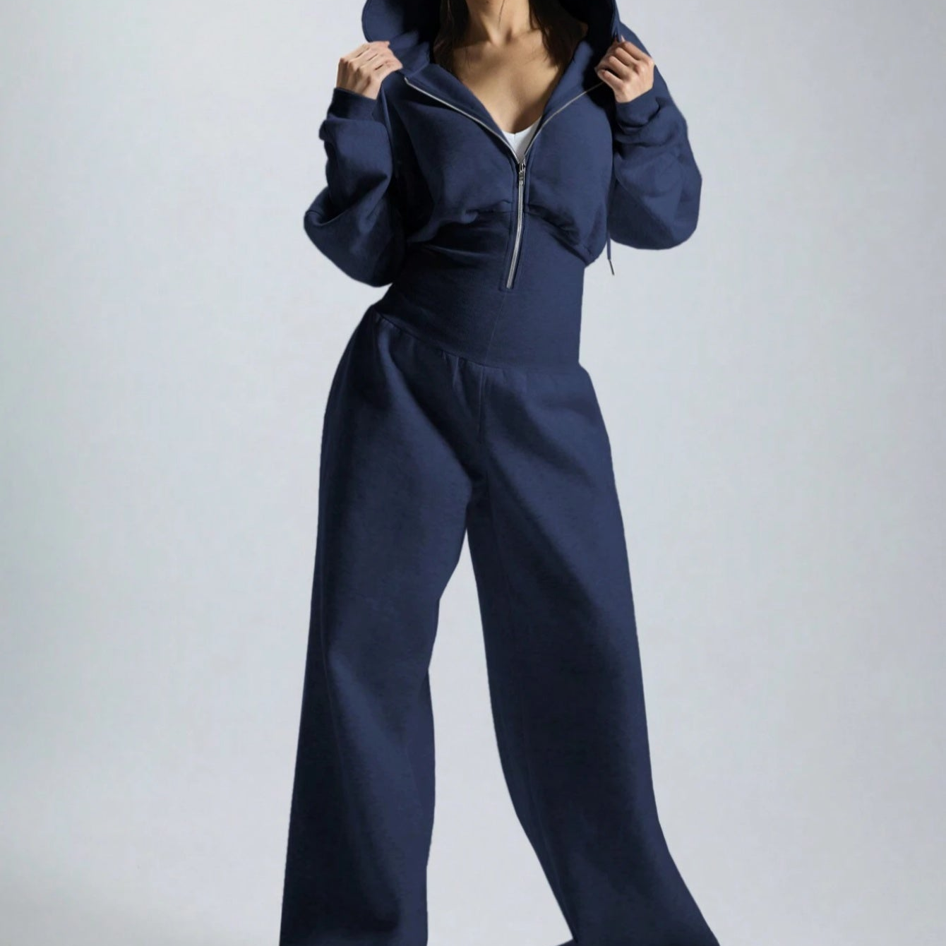 Damesjumpsuit met capuchon, wijde pijpen, rits, beige