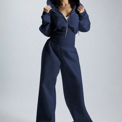 Damesjumpsuit met capuchon, wijde pijpen, rits, beige