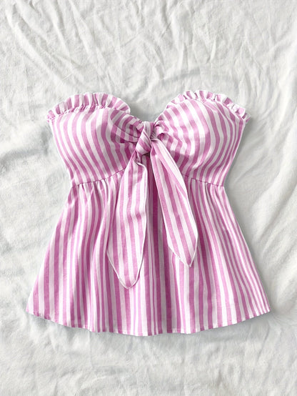 Damen Bandeau Top mit Schleifen-Detail und Streifen – Modisches Sommer Oberteil für Freizeit und Urlaub