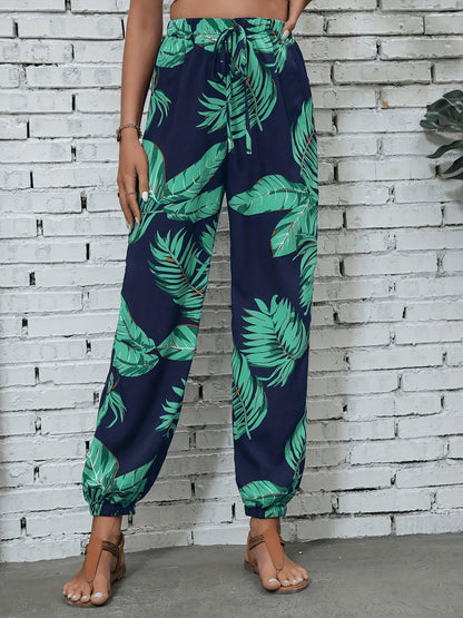 Damen Sommer-Jogginghose im tropischen Print, lockere Freizeithose für Urlaub & Alltag