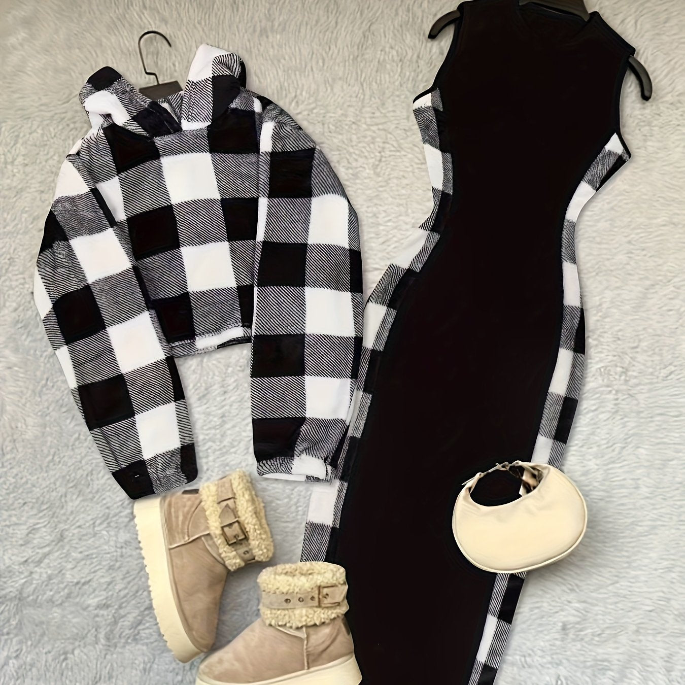 Zweiteiliges Set Damen Schwarz-Weiß Kariertes Crop Hoodie & Midi-Kleid