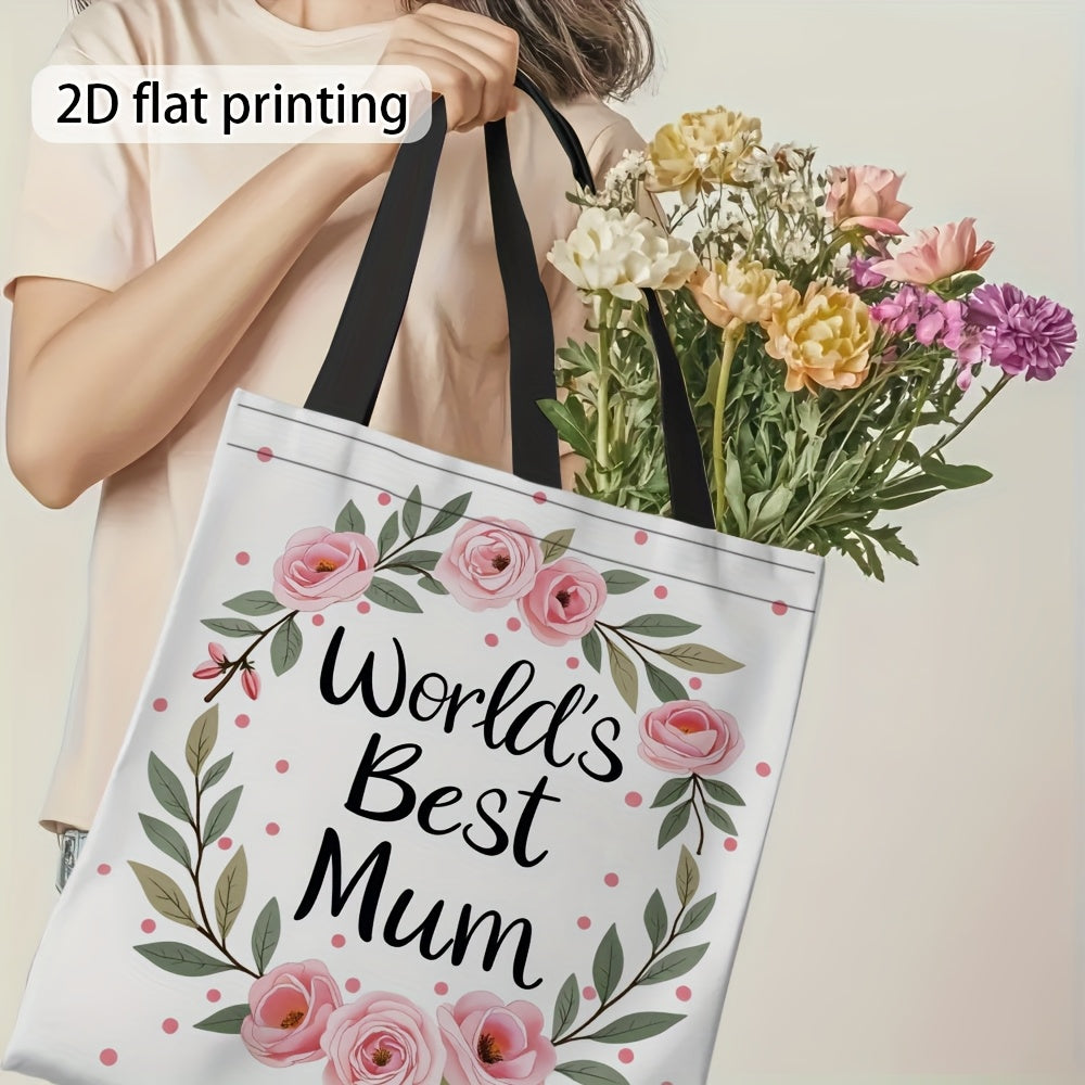 Damen Shopper Tasche – Stilvolle Tragetasche mit Blumenkranz und Aufschrift 'World's Best Mum' – Perfektes Geschenk für Mütter