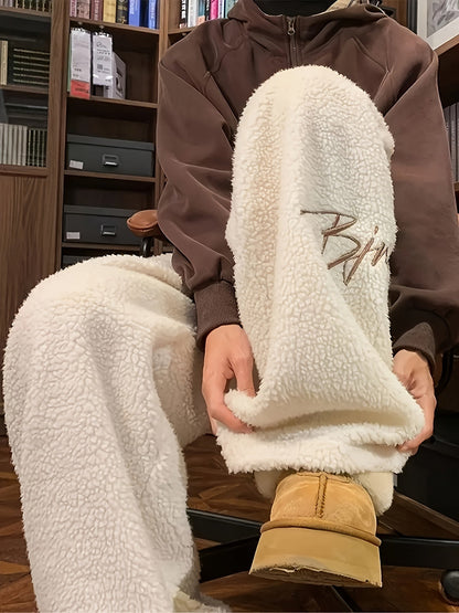 Weite Teddyfleece Hose für Damen, Plüschhose mit Stickerei, lockerer Schnitt