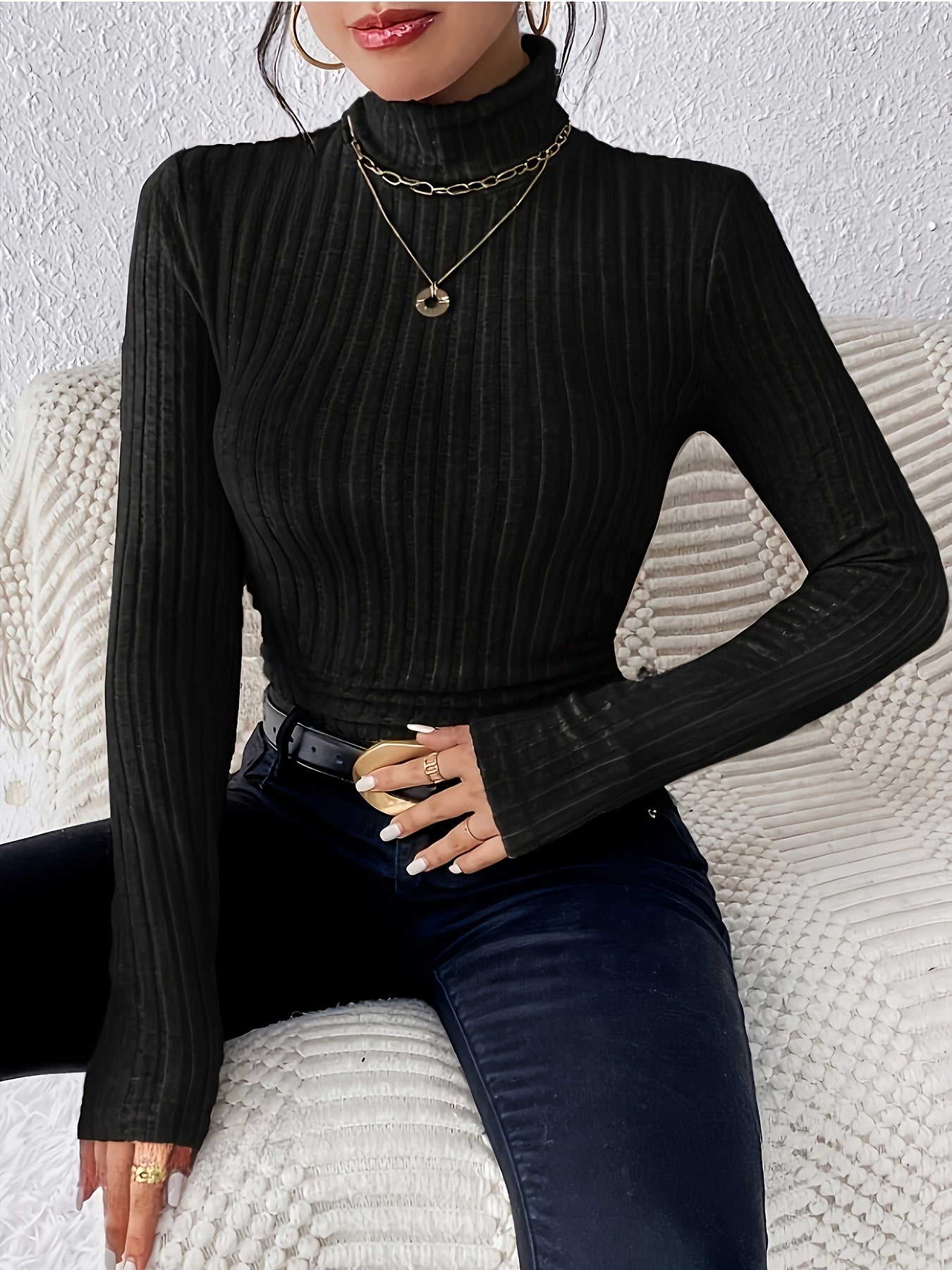 Dame-rullekravet langærmet ribbet top sort