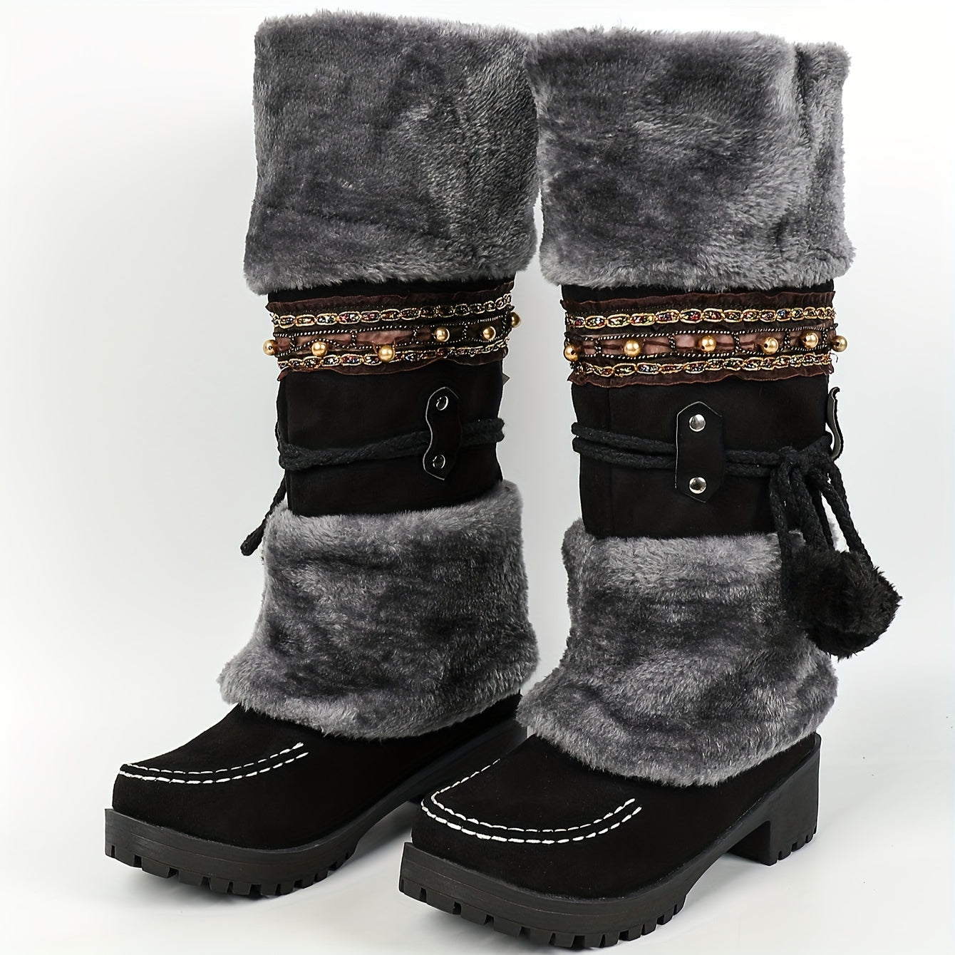Damen Winterstiefel mit Kunstfell und Zierbändern, warmer gefütterter Schaft