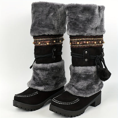 Damen Winterstiefel mit Kunstfell und Zierbändern, warmer gefütterter Schaft