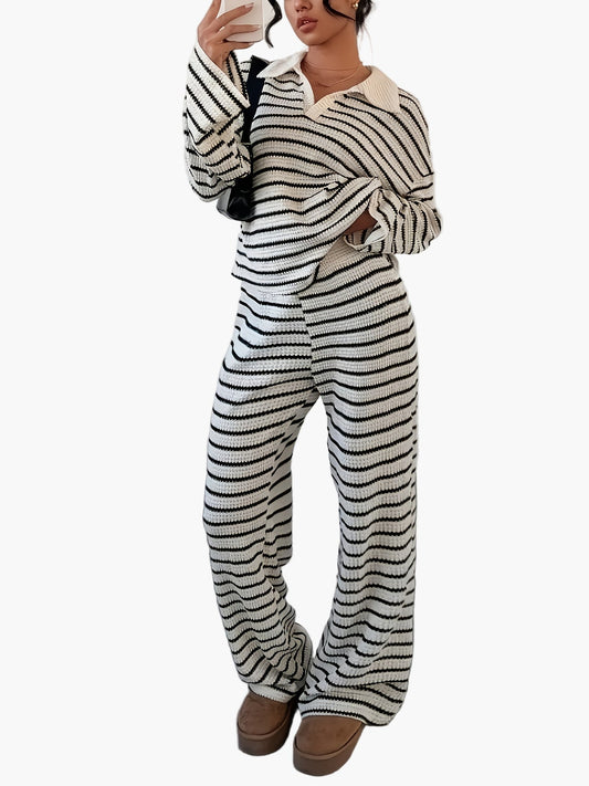 Dam Stickat Tvådelat Set Elegant Randigt Lös Fritidslook för höst/vinter