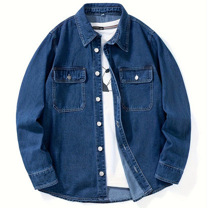 Denimoverhemd voor heren, overhemd van denim met lange mouwen en borstzakken, geschikt als tussenjas