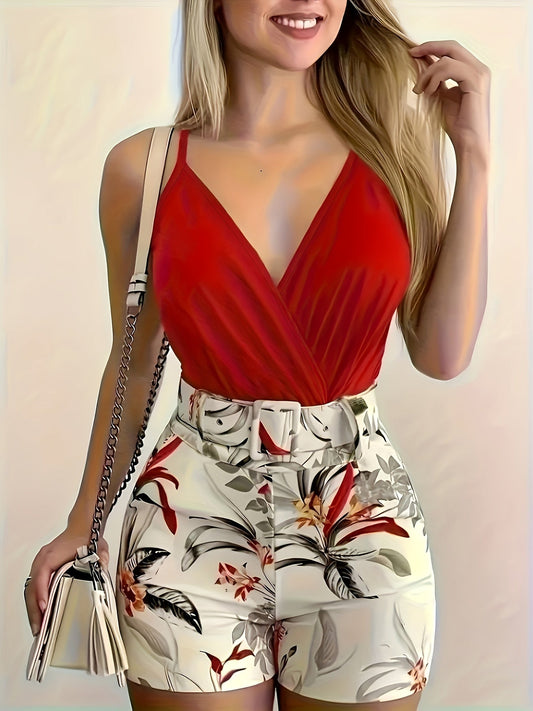 Damernas sommaroverallset – elegant sexig look med bälte och blommönster, idealisk för fritid och semester