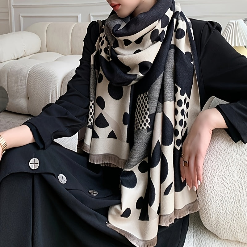 Damen Schal mit geometrischem Punktmuster, Schwarz und Beige