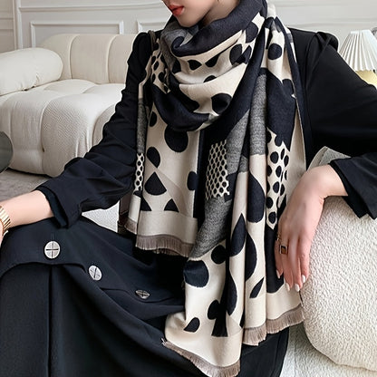 Damen Schal mit geometrischem Punktmuster, Schwarz und Beige