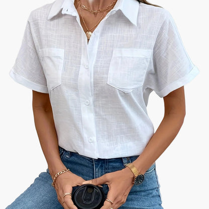 Damen Kurzarm Bluse mit Vogelmotiv – Casual Sommer Hemd mit Brusttasche