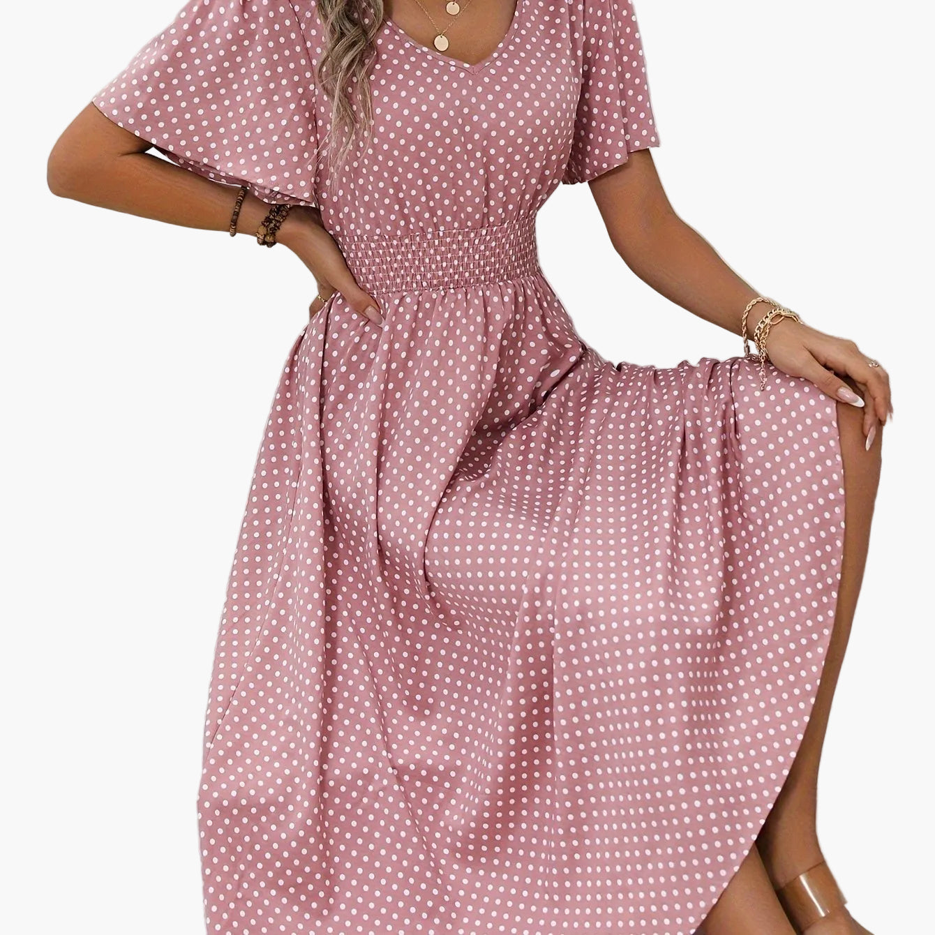 Robe décontractée à pois pour femme avec col en V et manches courtes – Élégante robe longue pour le printemps et l'été