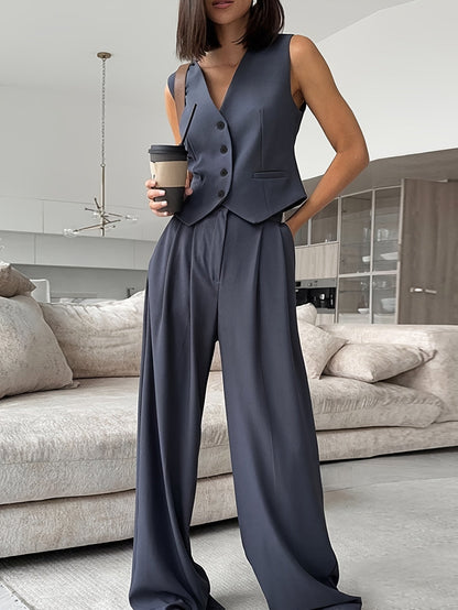 Dames Elegante Business-Tweedelige set met gilet en wijde broek – Moderne kantooroutfit voor lente & zomer