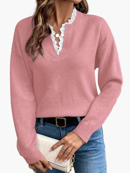 Dames elegante trui met V-hals en ruches kraag – Perfect voor dagelijks gebruik & kantoor