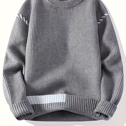 Unisex Strickpullover mit Rundhalsausschnitt und Kontraststreifen-Details, Langarm