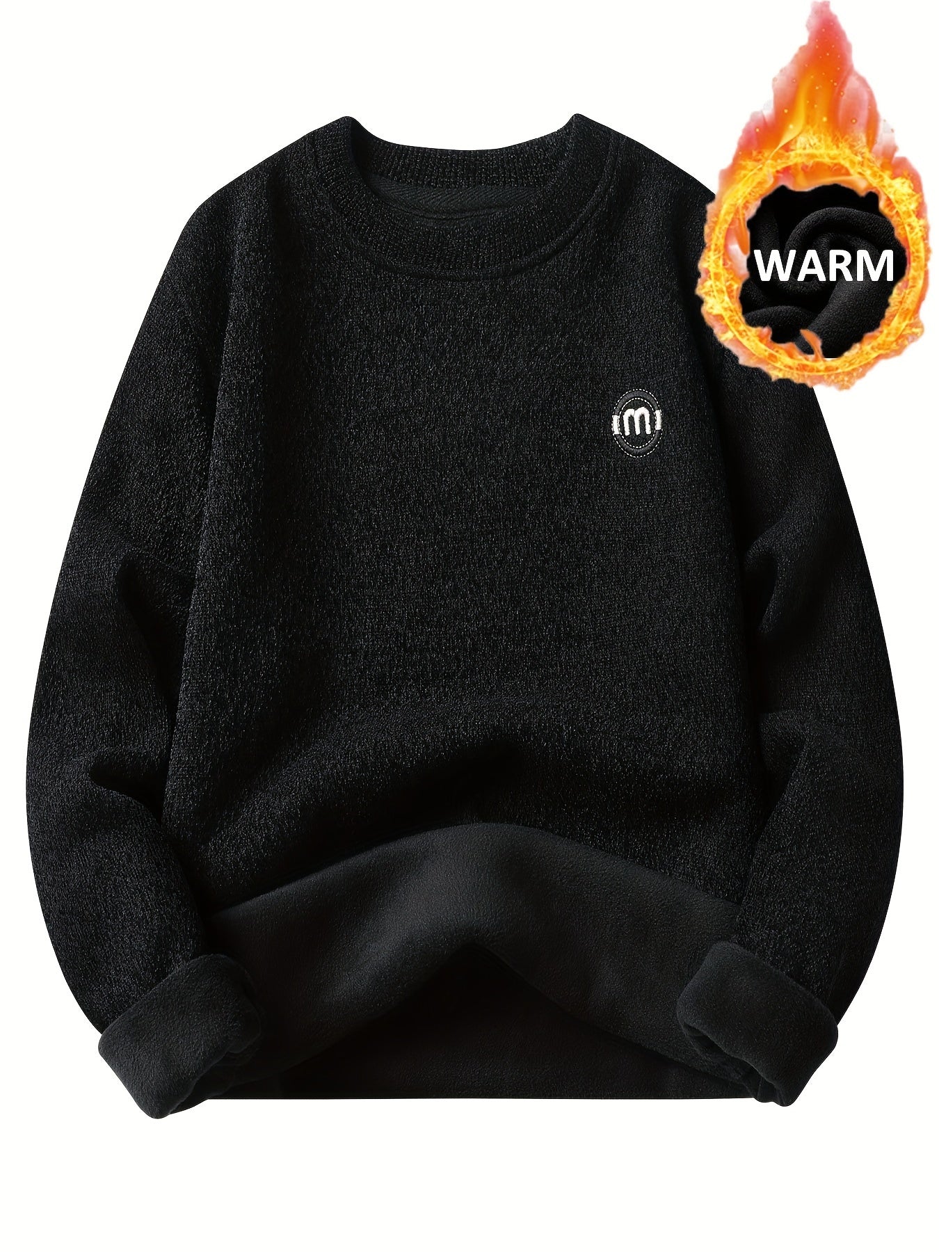 Unisex Winter Pullover Rundhals Grau meliert Warm gefüttert