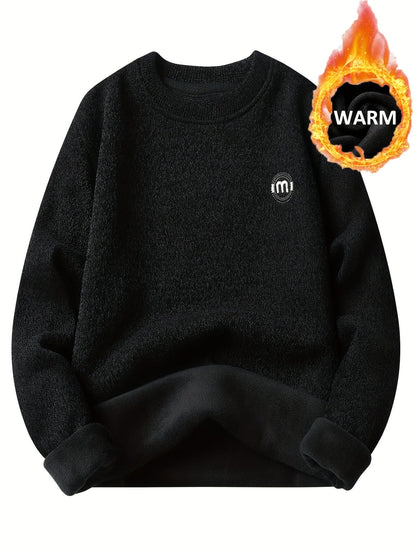 Unisex Winter Pullover Rundhals Grau meliert Warm gefüttert