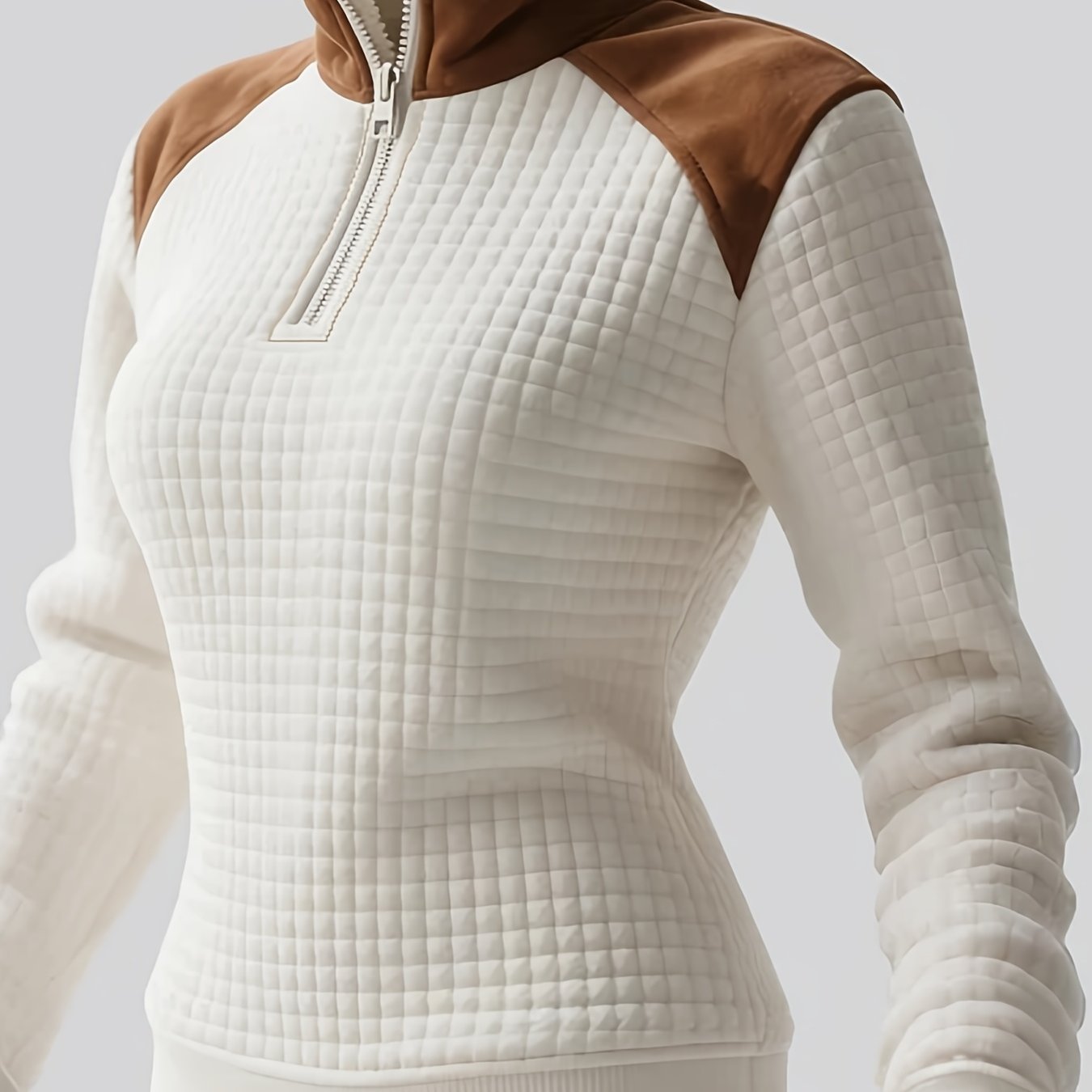 Gestepptes Damen Half-Zip Pullover Creme mit braunen Details