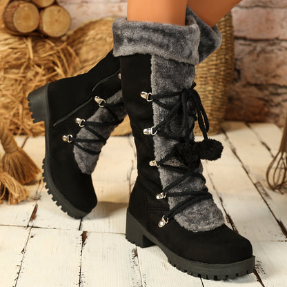 Damen Winterstiefel Schwarz mit Plüschbesatz & Pompons, seitlicher Reißverschluss