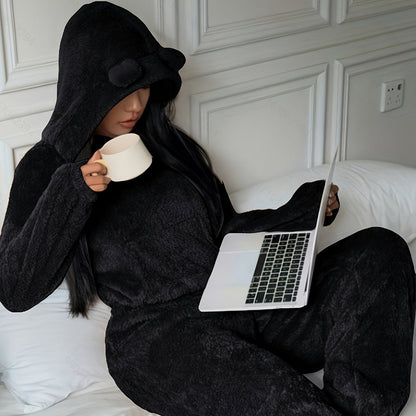 Damen Kuscheliger Fleece Pyjama Hausanzug mit Kapuze und Ohren