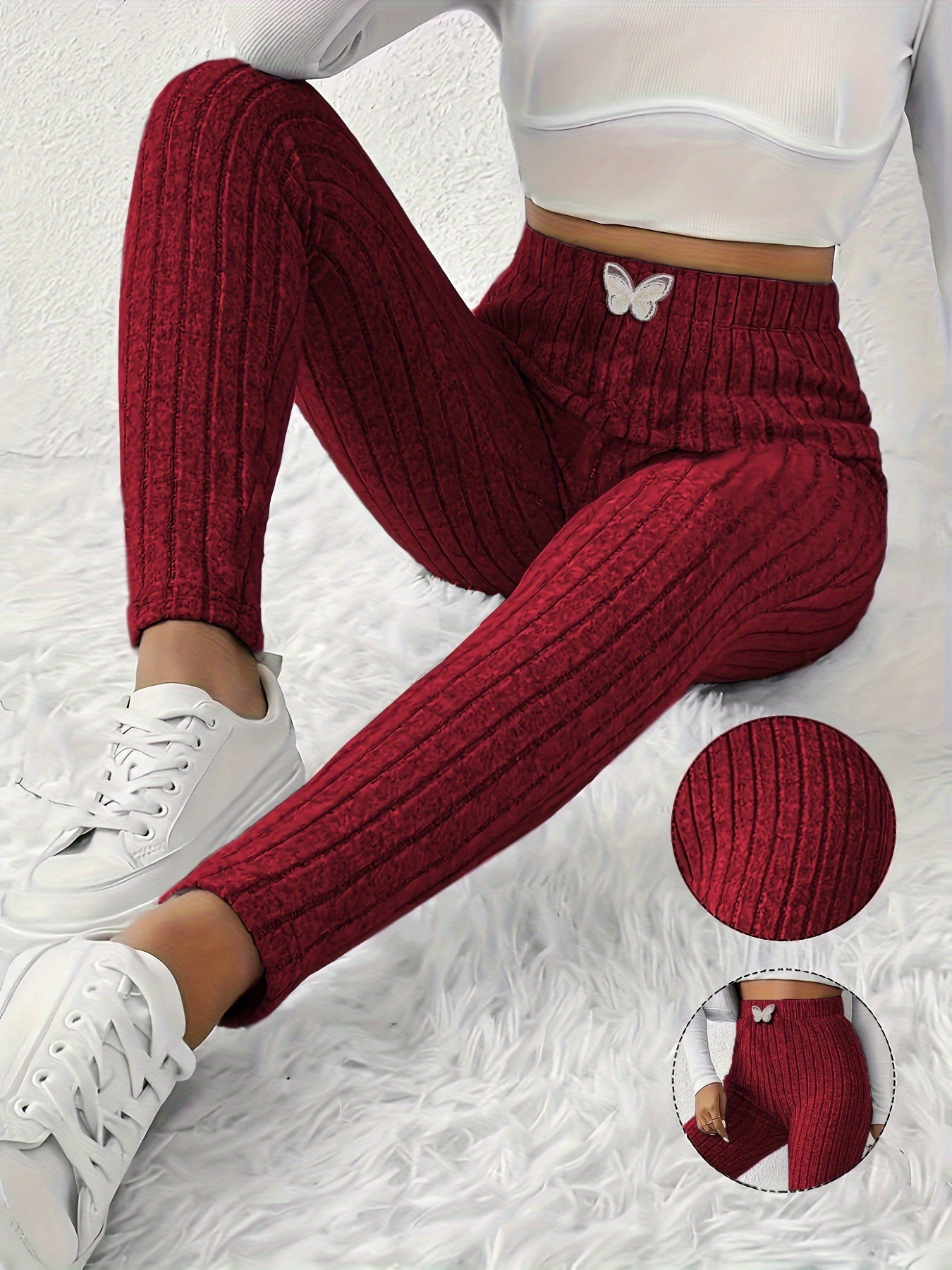 Leggings da donna a coste con vita alta e dettaglio a farfalla