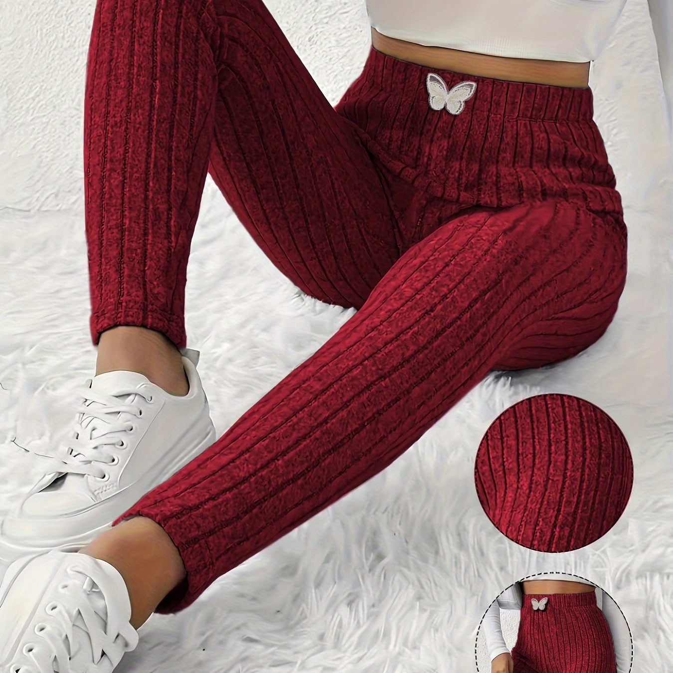 Leggings da donna a coste con vita alta e dettaglio a farfalla