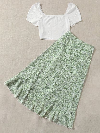 Conjunto de dos piezas para mujer – Look veraniego y coqueto con blusa y falda cruzada con estampado floral, ideal para tiempo libre y vacaciones