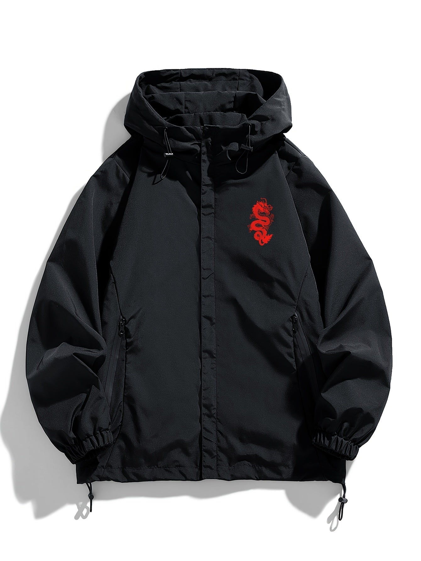 Schwarze Jacke mit Kapuze und rotem Drachen-Stickerei