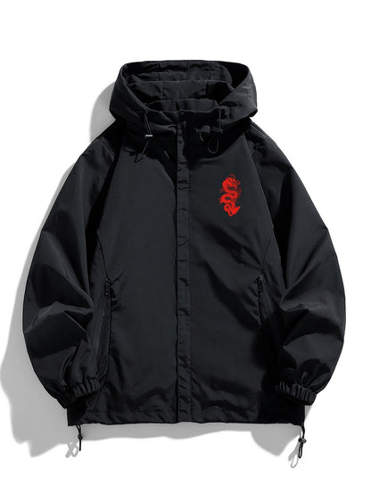 Schwarze Jacke mit Kapuze und rotem Drachen-Stickerei
