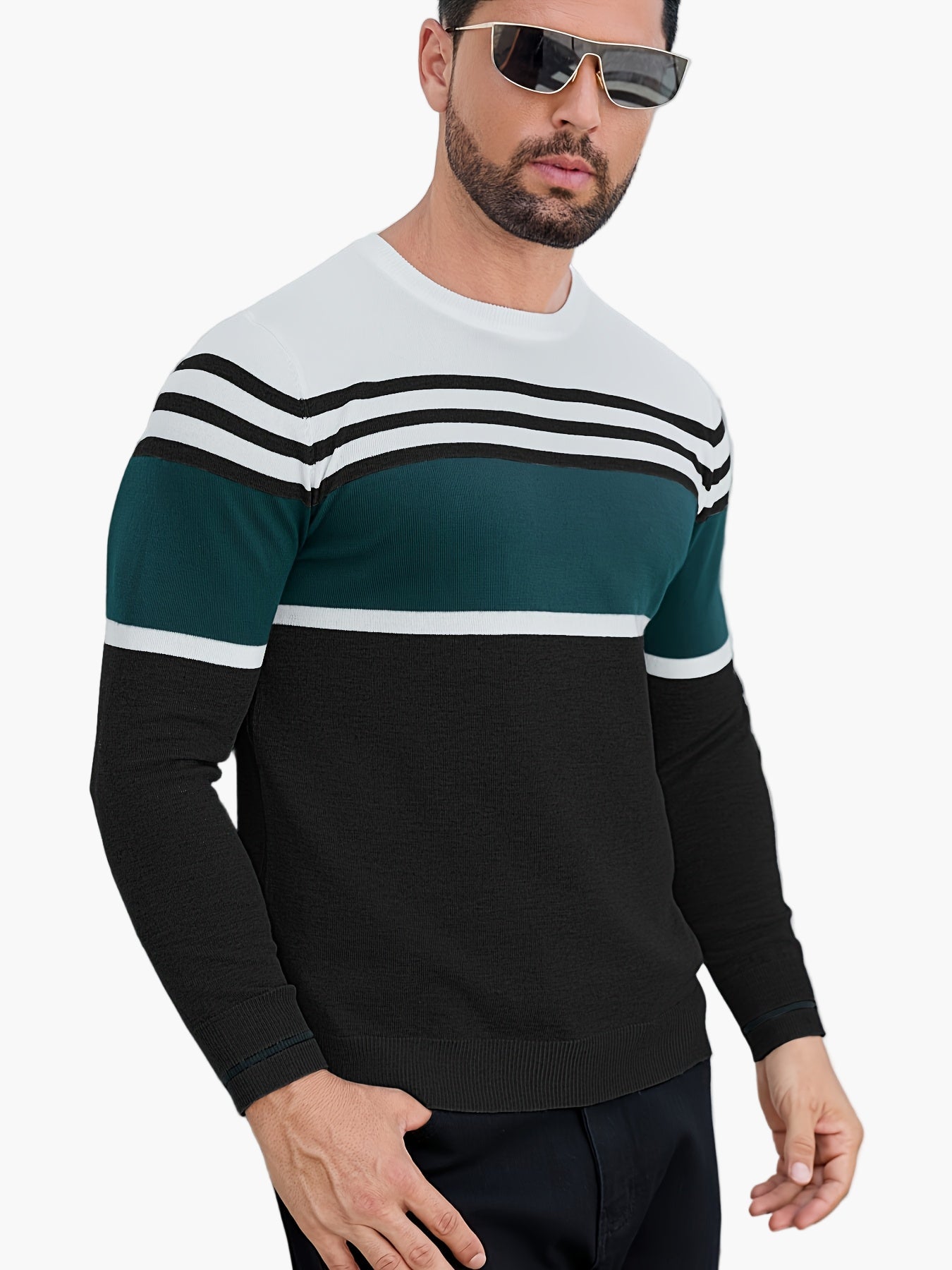 Maglione da uomo con design moderno a righe a blocchi – Girocollo casual per quotidiano e tempo libero