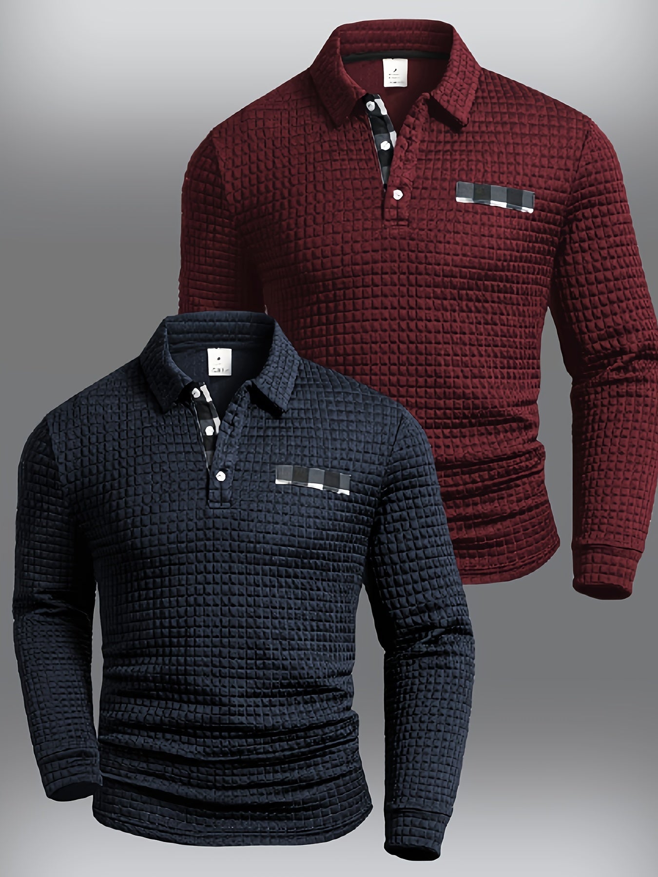 Herren Langarm Poloshirt strukturiert mit Kragen marineblau