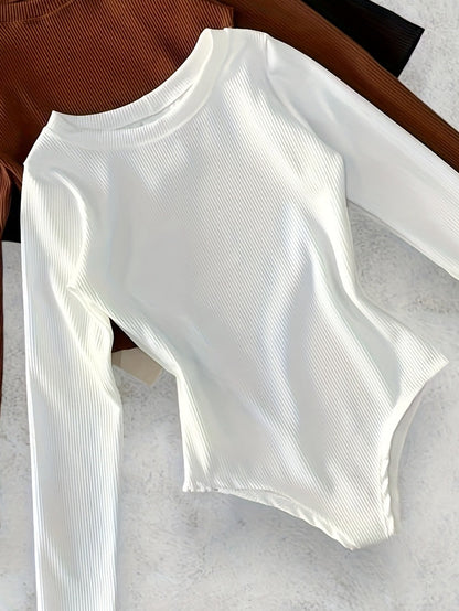 Damebodysuit med lange ærmer, rund hals og ribstruktur, hvid