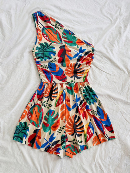 Dame ét-skulder-jumpsuit med tropisk print – sommermode til ferie og fritid