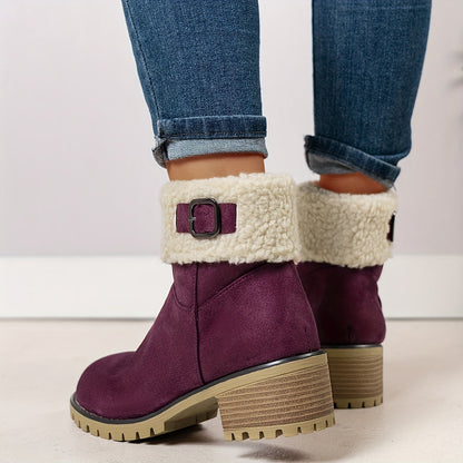 Damen Stiefeletten mit Blockabsatz, Plüschrand und Schnalle, Braun