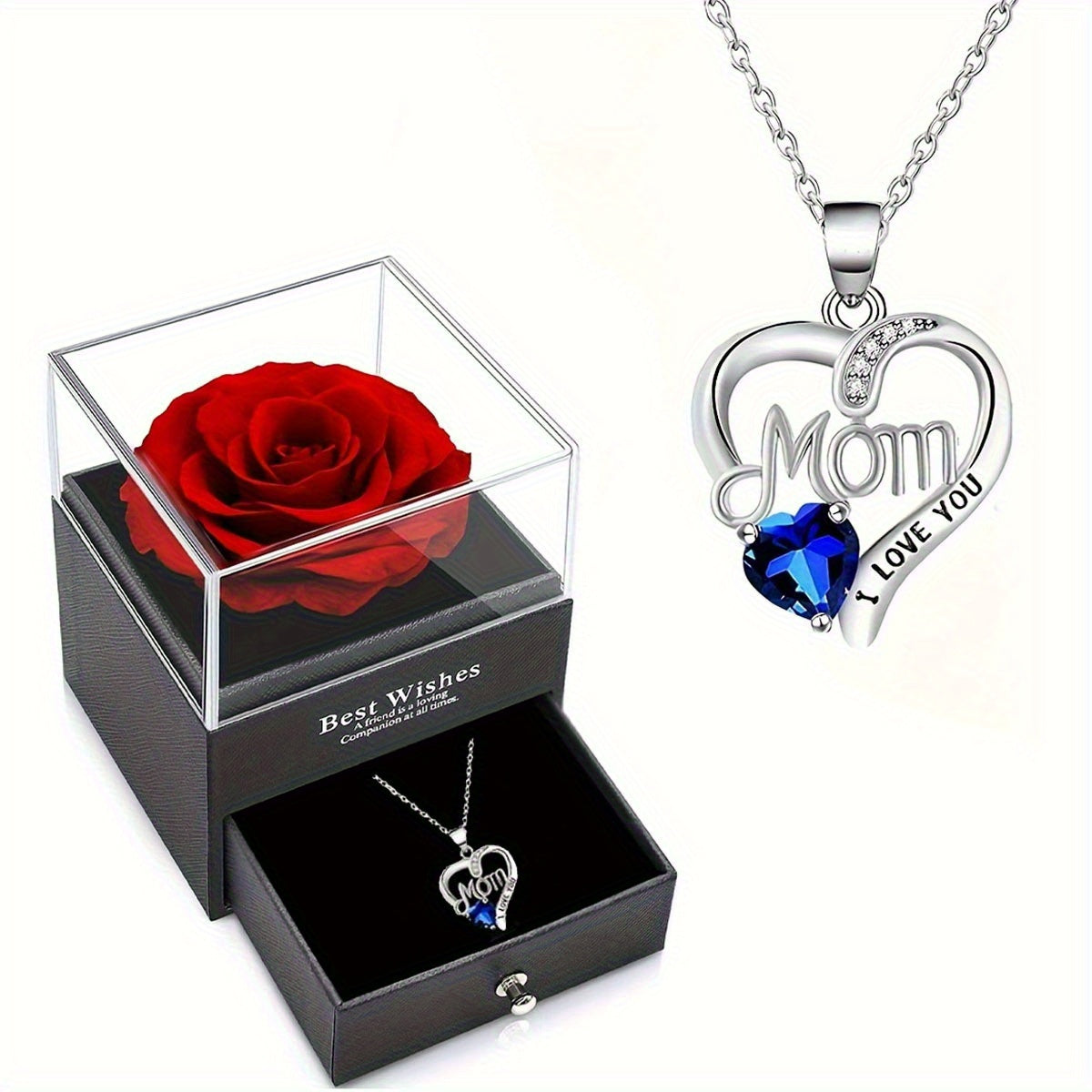 Damen Schmuckset Herz Halskette mit Anhänger 'Mom I Love You' und Geschenkbox mit Ewiger Rose – Elegantes Muttertagsgeschenk