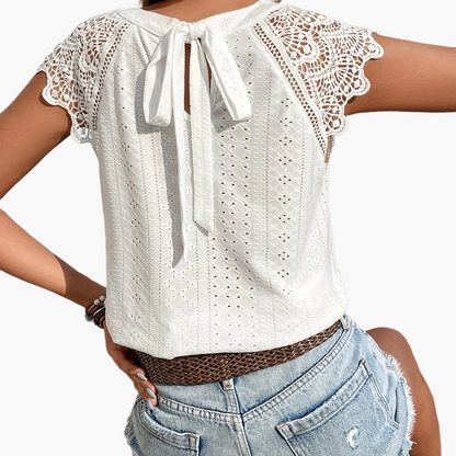 Damen Spitzenbluse mit Rückenschleife und Häkelärmeln – Sommer Casual Oberteil