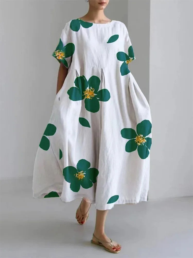 Damen Maxikleid Retro A-Linie mit großen Blumen – Sommerkleid im künstlerischen Vintage-Stil, Elegantes Freizeitkleid