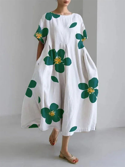 Damen Maxikleid Retro A-Linie mit großen Blumen – Sommerkleid im künstlerischen Vintage-Stil, Elegantes Freizeitkleid