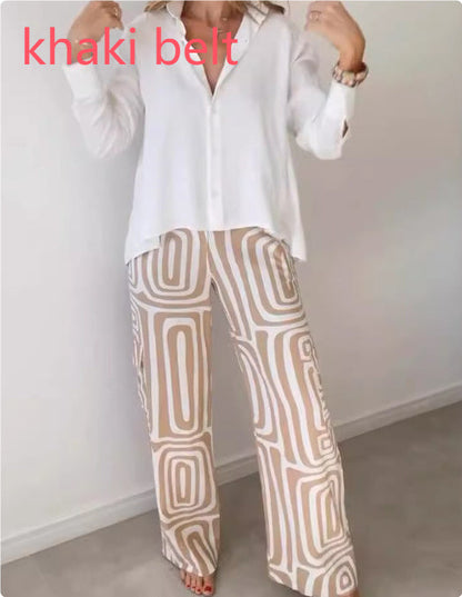 Shannon – Costume décontracté pour femme avec chemise à manches longues à col revers et pantalon à jambes larges