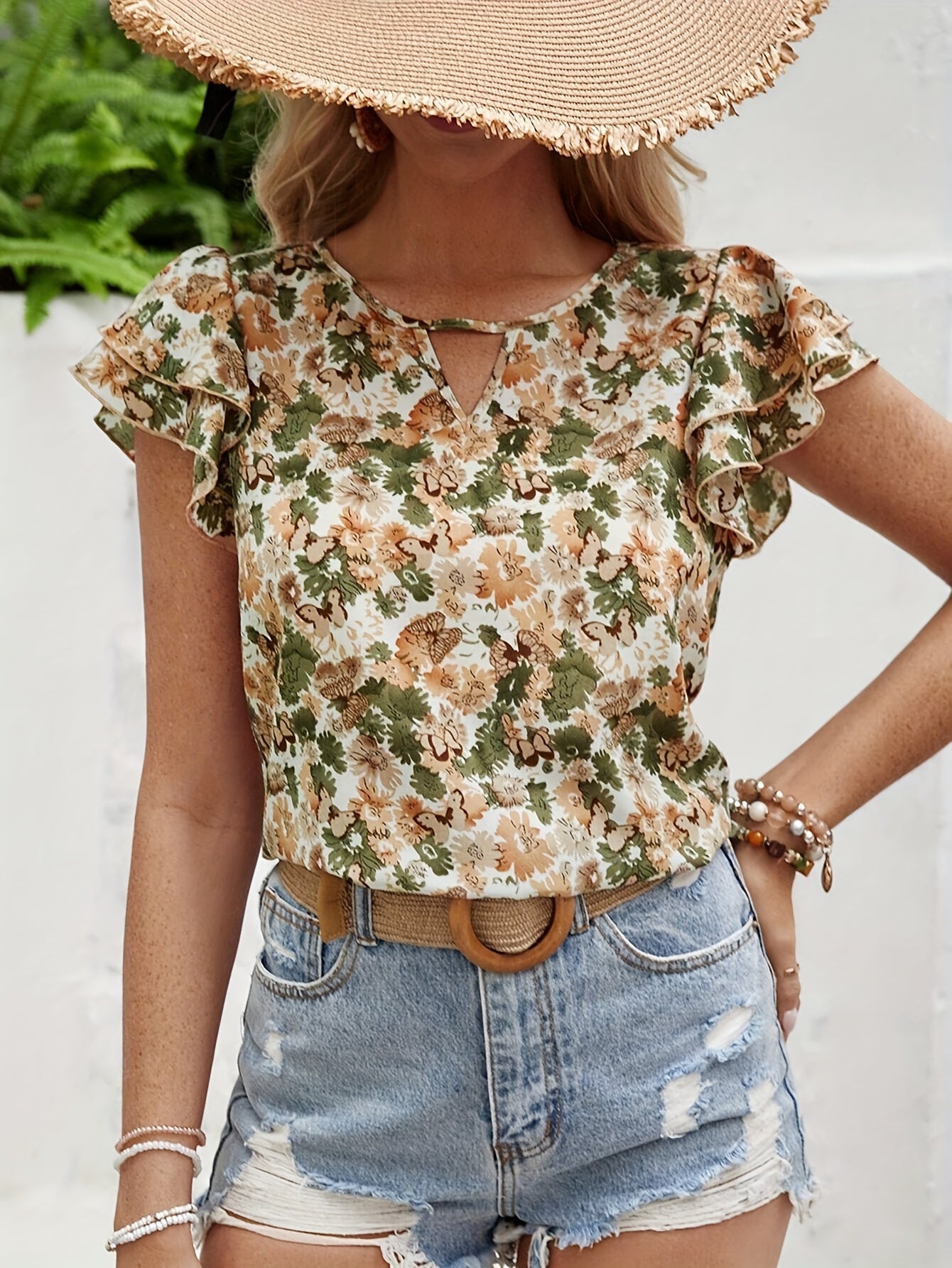 Blusa estiva da donna con motivo floreale e maniche a volant – Stile casual elegante per tutti i giorni e vacanze